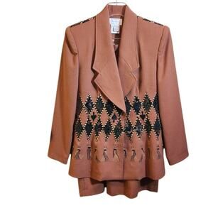 Vintage Anne French Tan Skirt Suit 100% Wool Size 10 Embroidered Western